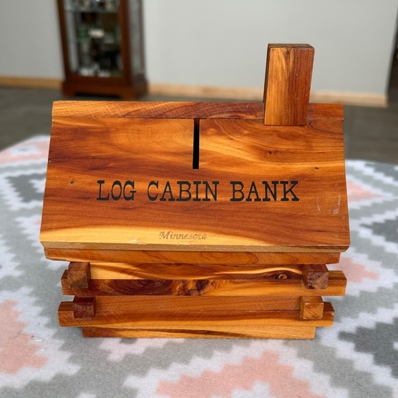 Handmade Other - Handmade Log Cabin Bank Wooden Coin Bank - Natural Wood rustic